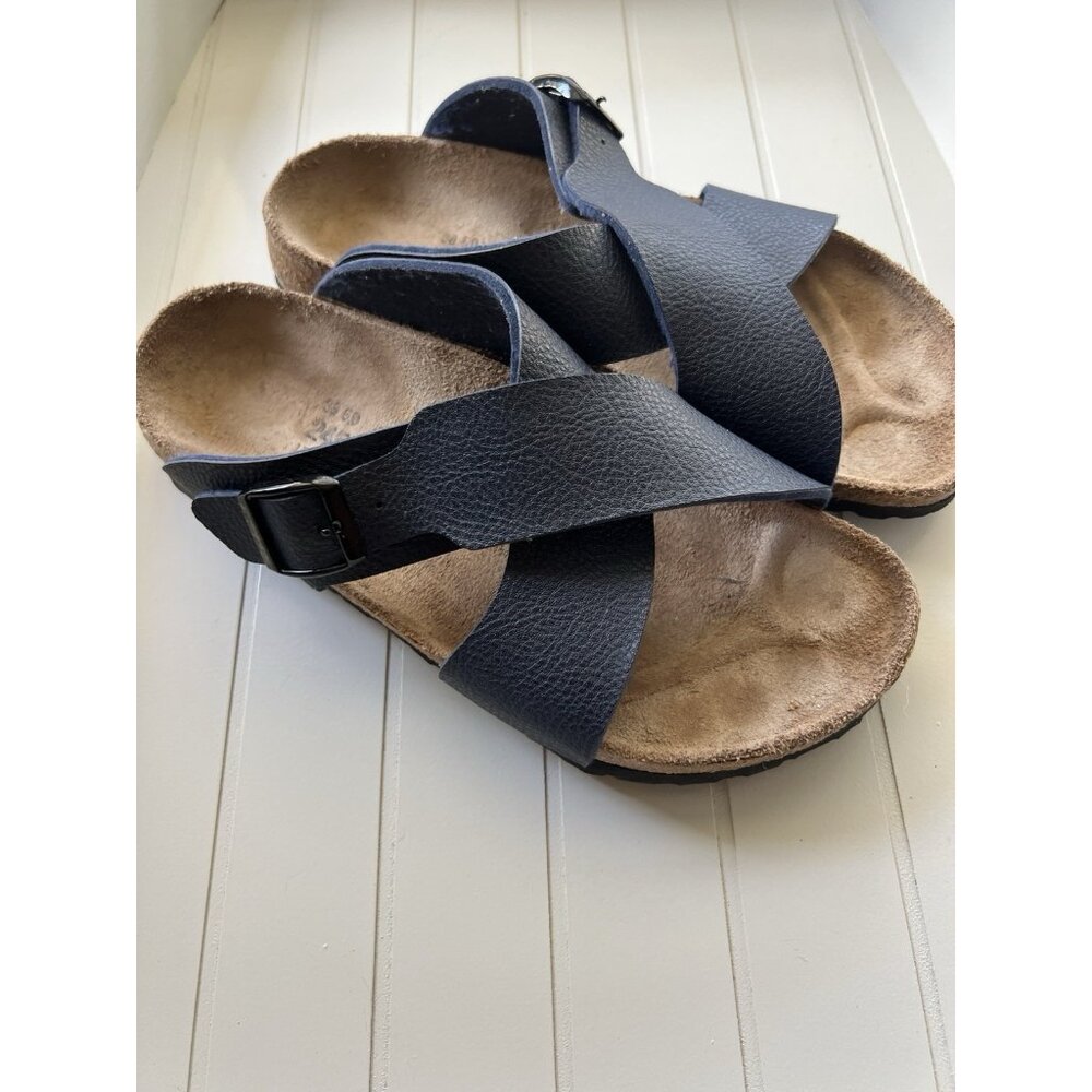 Birkis Birkenstock Womens Size 38 Womens 7 Mens 5 Blue Criss Cross Slide Sandals - Picture 7 of 12